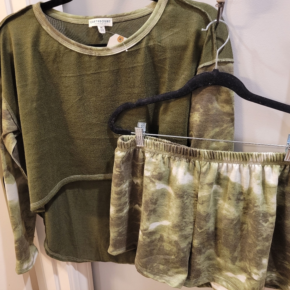 Earthbound Trading Company - Green Tie Dye Long Sleeve and high waist short set